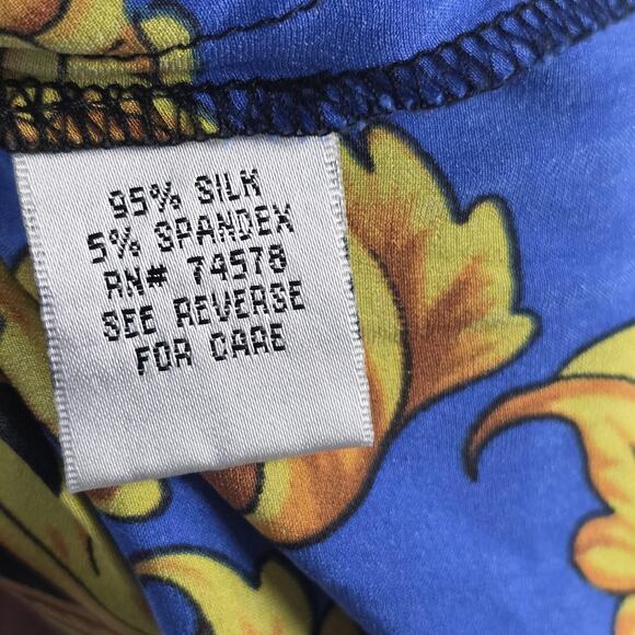 Cache Shirt Womens Medium Black Blue Gold Baroque Silk Stretch Snap Front Fitted - Picture 9 of 12